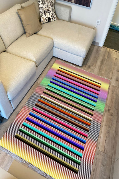 Cotton Kilim 55 Multy Geleneksel Motifler Modern Dekoratif Saçaklı Yıkanabilen Dokuma Kilim