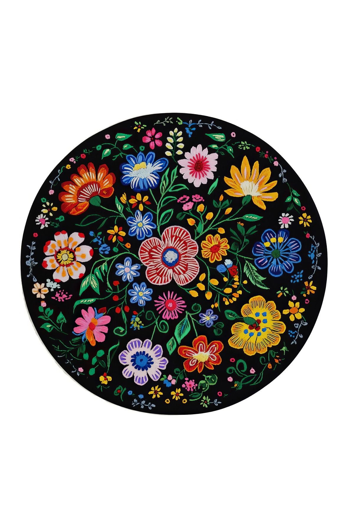 Halı Vagonu 218 Siyah Çiçekli Yuvarlak Dokuma Taban Salon Halısı