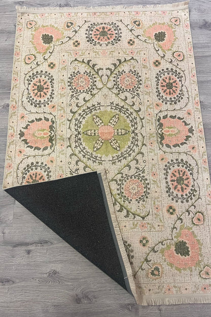 Çiçekli Floral Krem Pudra Pembesi Pop Art Salon Halısı Mutfak Halısı Yolluk Otantik Halı HV  232