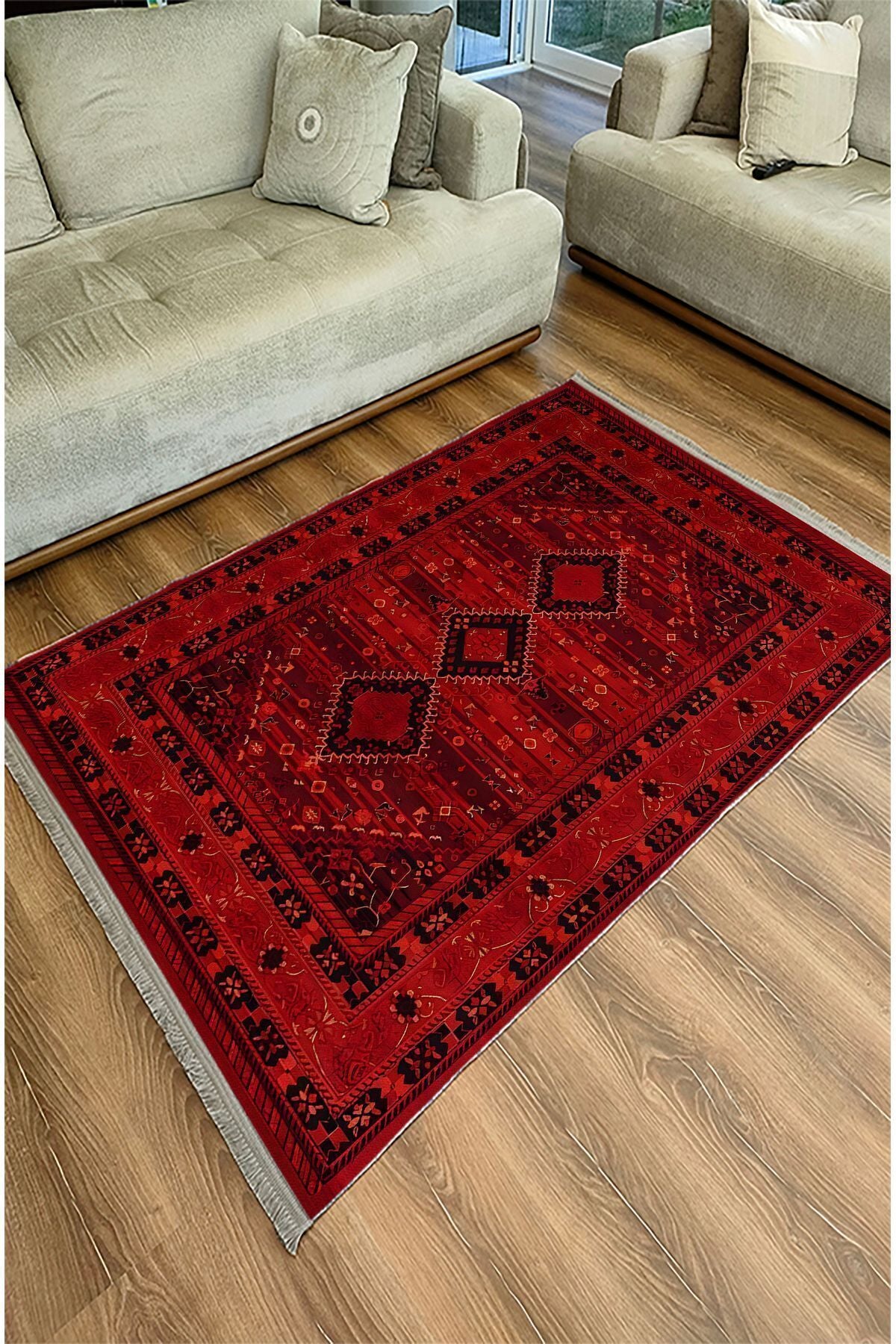 Halı Vagonu 90 Kırmızı Tonlarında Klasık Dekoratif Kilim Salon Halısı Saçaklı Yıkanabilen Halı