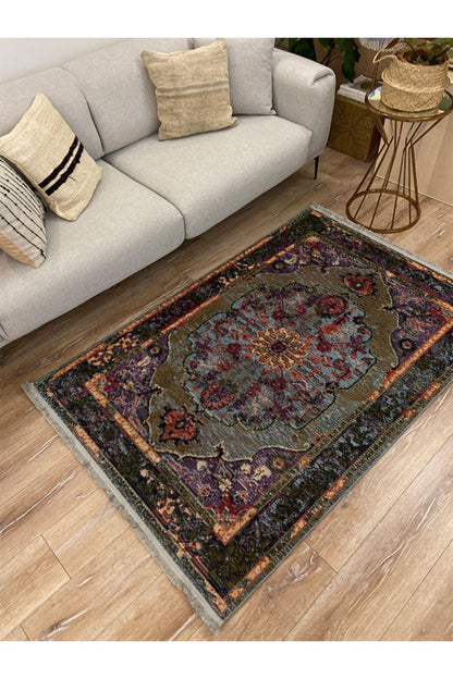 HV  69 Siyah Ve Koyu Yeşil Tonlarında Dekoratif Salon Halısı Klasik Halı Saçaklı Yıkanabilen Halı