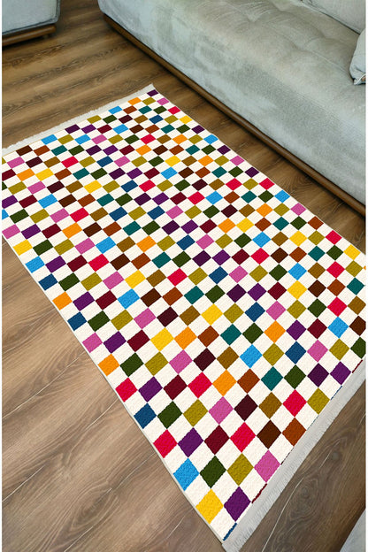 Halı Vagonu Modern Kareli Desenli Renkli Pamuk  Dokuma Taban Halı E47