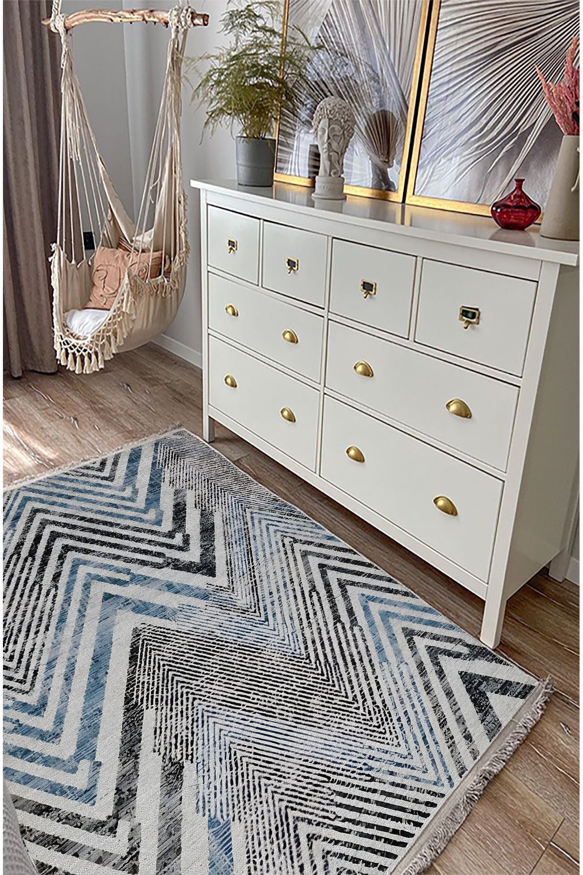 Halı Vagonu 101 Mavi Zigzag Çizgili Dekoratif Halı Saçaklı Halı