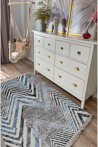 Halı Vagonu 101 Mavi Zigzag Çizgili Dekoratif Halı Saçaklı Halı