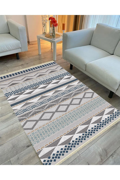 Cotton Serisi Hasır Görünümlü Gri Tonlarında Eskitme Etnik Desen Dekoratif Dokuma Taban Kilim