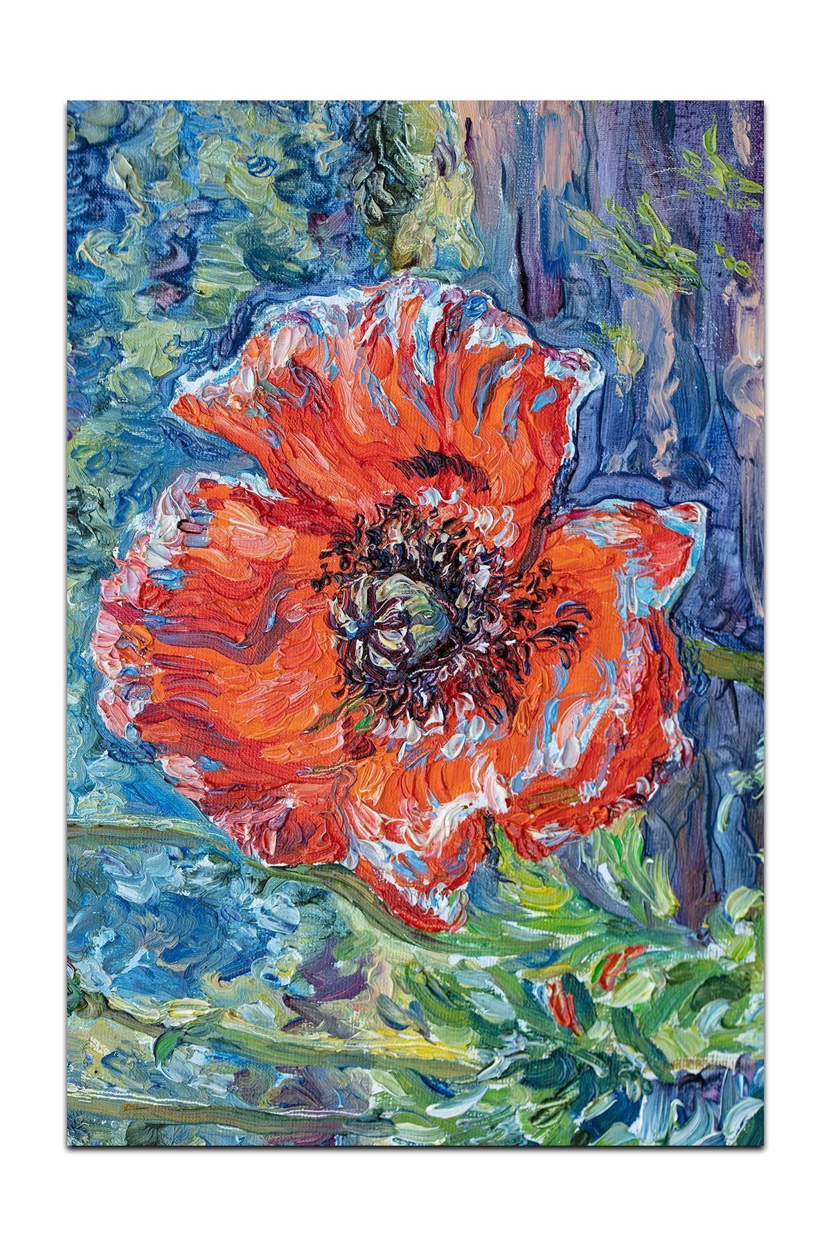 Halı Vagonu 163 Gelincik Kırmızı Lacivert Tuval Boya Efektli Dokuma Taban Halı