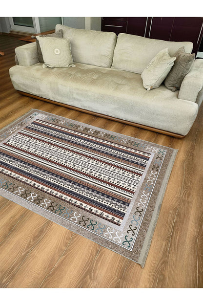 Halı Vagonu Halı 2075 Kahve Tonunda Dekoratif Halı Salon Halısı Saçaklı Yıkanabilen Halı