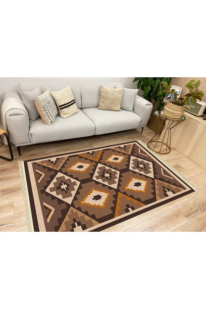 Cotton Serisi Siyah Ve Kahve Tonlarında Geometrik Eskitme Desenli Dekoratif Dokuma Taban Kilim