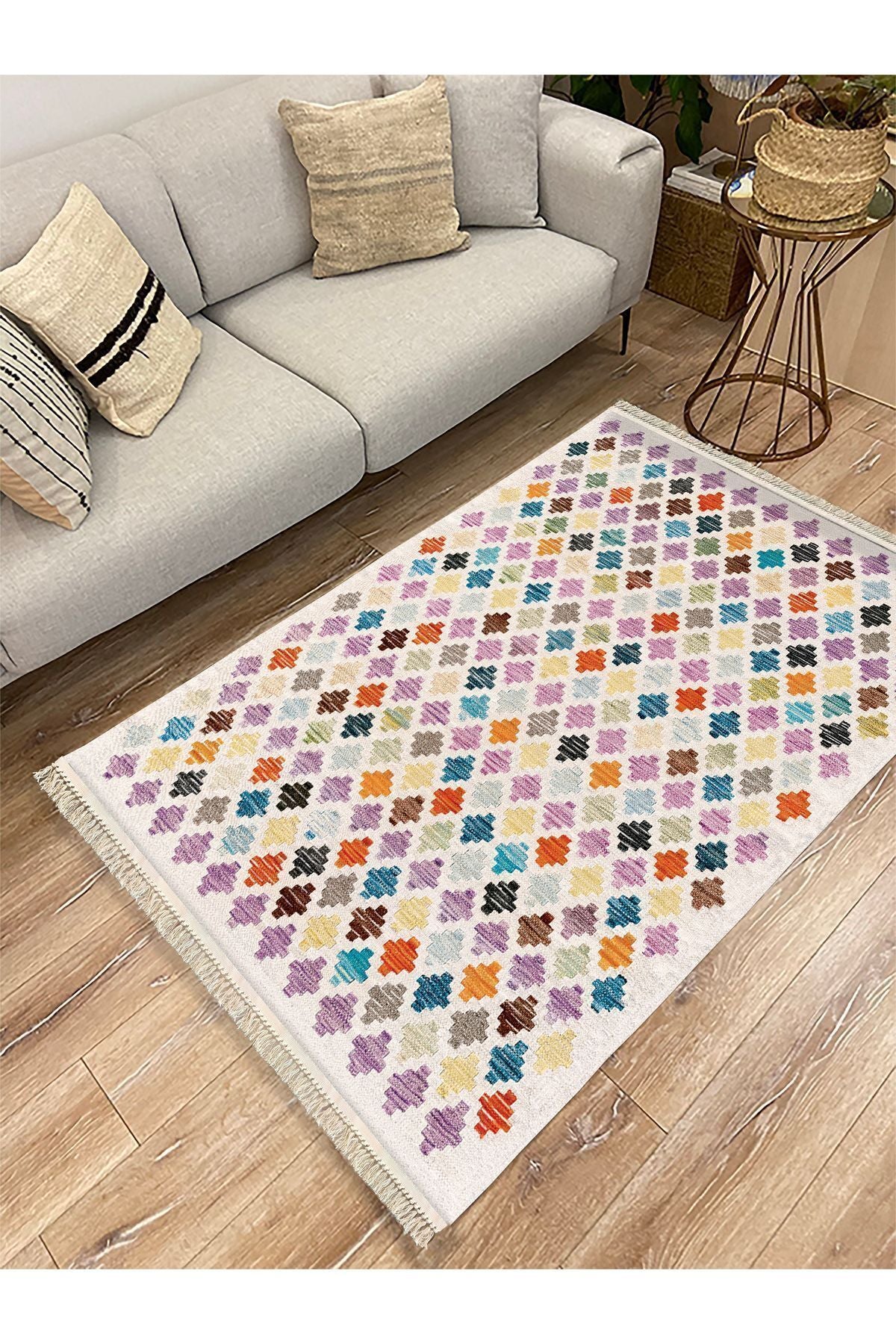 Cotton Kilim 43 Krem Üzerine Geometrik Modern Dekoratif Yıkanabilen Dokuma Kilim