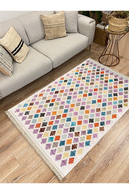 Cotton Kilim 43 Krem Üzerine Geometrik Modern Dekoratif Yıkanabilen Dokuma Kilim
