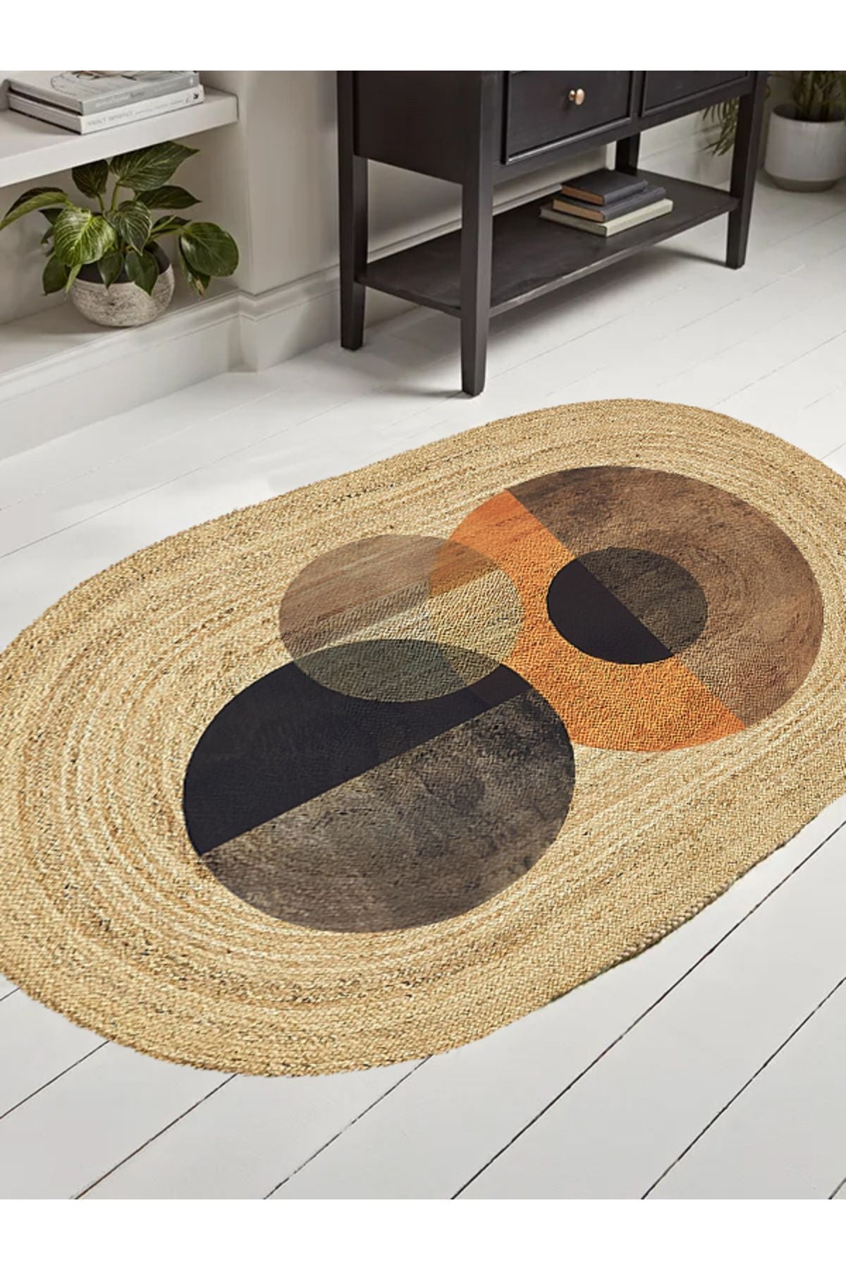 Boho 986 Oval Siyah Etnik Desenli Jüt Rengi Örgü Yuvarlak Natural Çift Taraflı Halı