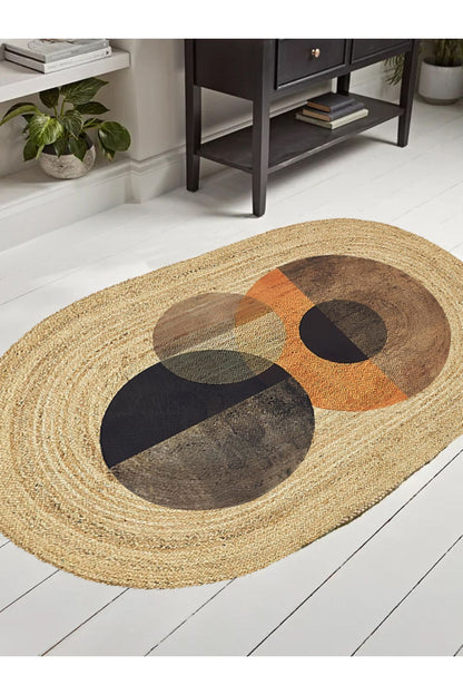 Boho 986 Oval Siyah Etnik Desenli Jüt Rengi Örgü Yuvarlak Natural Çift Taraflı Halı