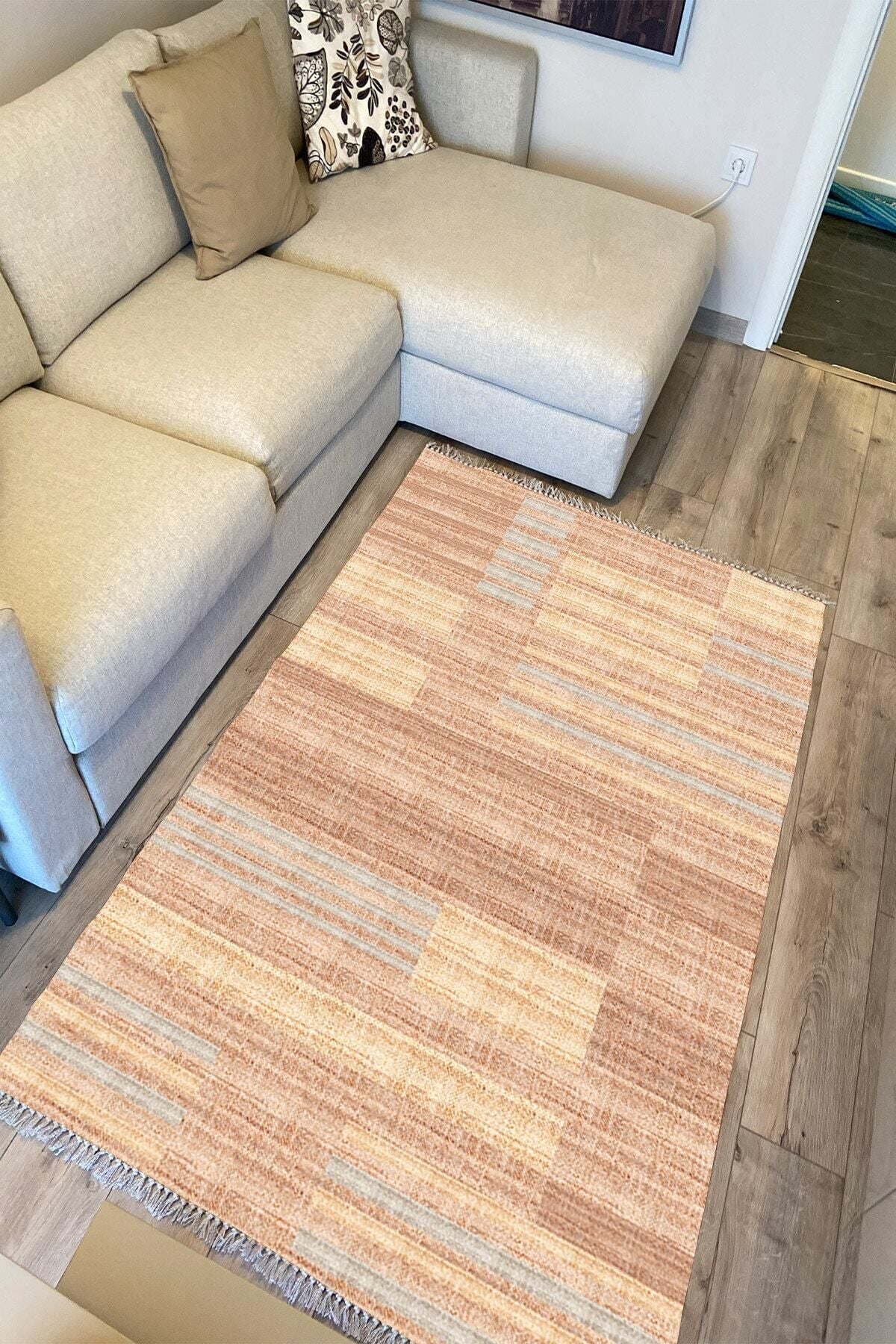 Cotton Serisi Kahve Tonlarında Hasır Görünmlü Eskitme Desen Dekoratif Dokuma Taban Kilim