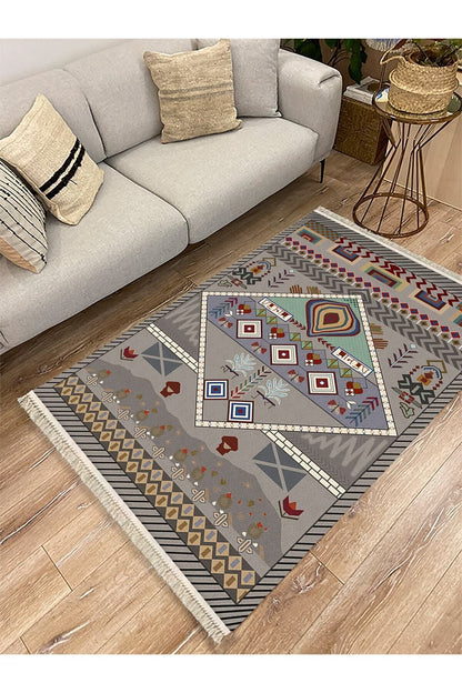 Cotton Serisi Eski Çağ Motifli Eskitme Otantik Desen Dekoratif Dokuma Taban Kilim