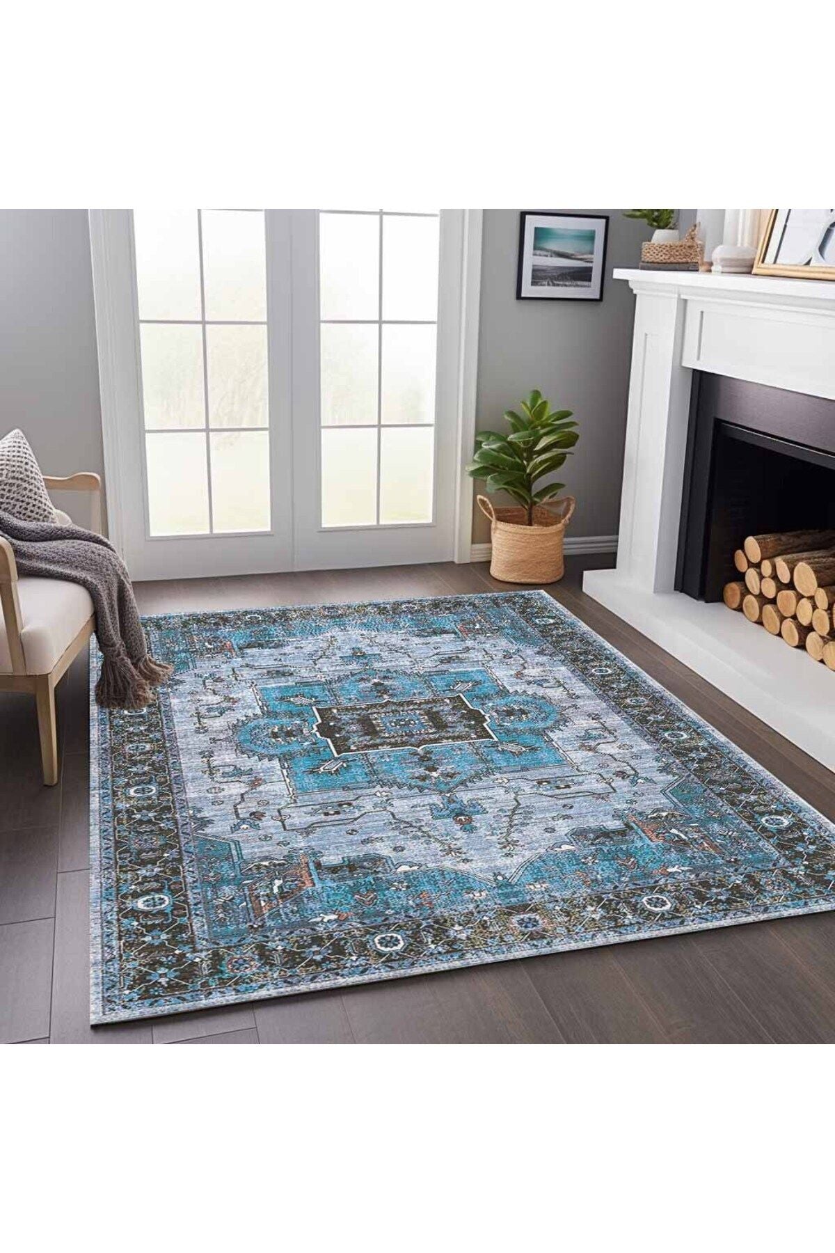 Halı Vagonu 2251 Mavi Bordürlü Modern Yıkanabilen Dokuma Taban Dekoratif Halı