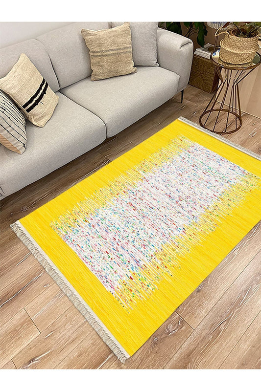 Cotton Serisi Sarı Rengi Ortası Su Yolu Eskitme Modern Desen Dekoratif Dokuma Taban Kilim