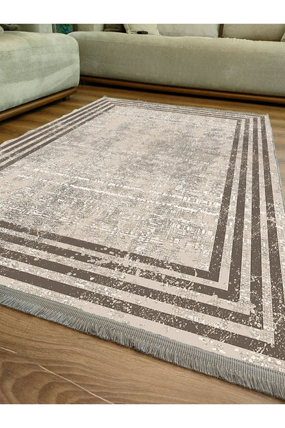 HV  2077 Kahverengi Çerçeve Desenli Yıkanabilir Kaymaz Salon Halısı, Koridor Ve Mutfak Halısı
