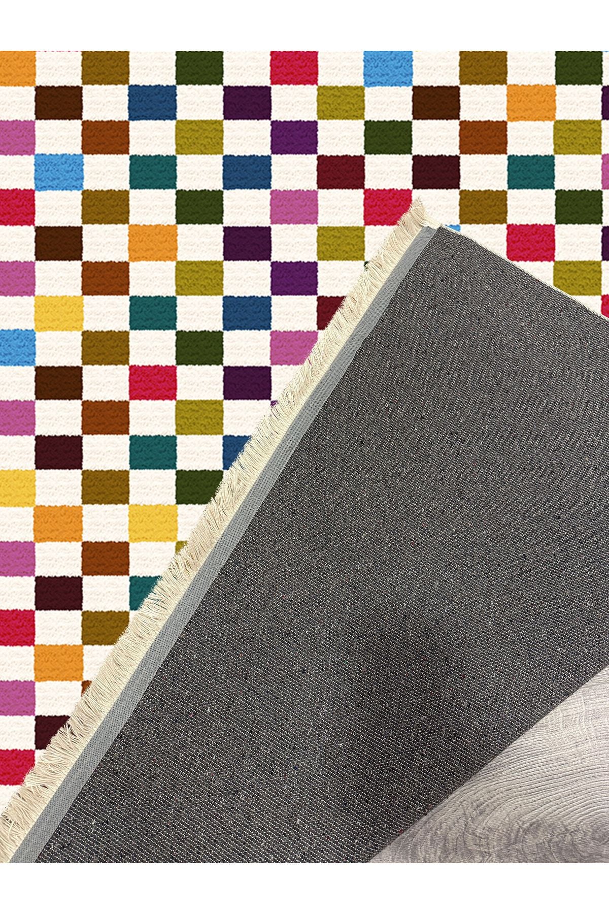 Halı Vagonu Modern Kareli Desenli Renkli Pamuk  Dokuma Taban Halı E47