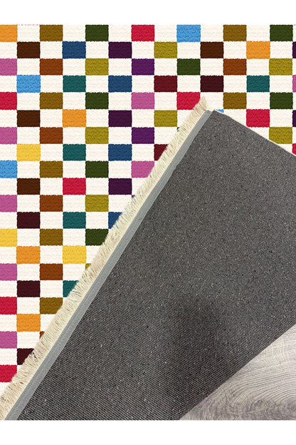 Halı Vagonu Modern Kareli Desenli Renkli Pamuk  Dokuma Taban Halı E47