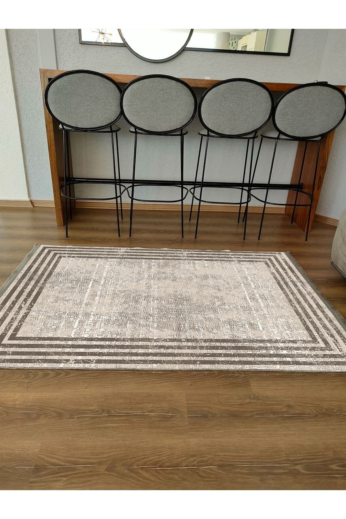 Halı Vagonu Serisi Kahve Tonlarında Çizgili Etnik Desen Kaymaz Taban Şönil Halı