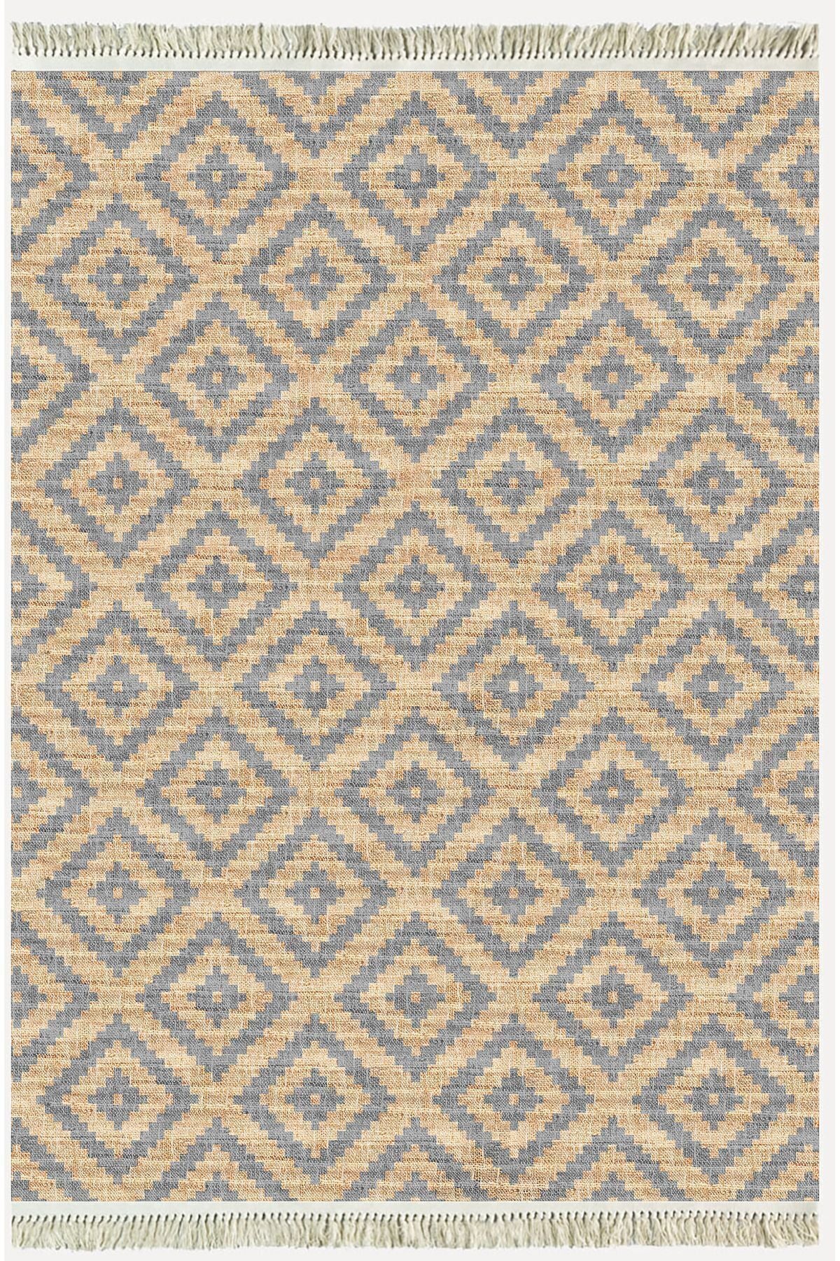 Cotton Serisi Hasır Görünümlü Çıtır Baklava Eskitme Desen Dekoratif Dokuma Taban Kilim