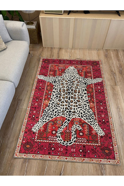 Halı Vagonu 70 Borda Tonlarında Kaplan Figürlü Salon Halısı Saçaklı Yıkanabilen Dekoratif Halı