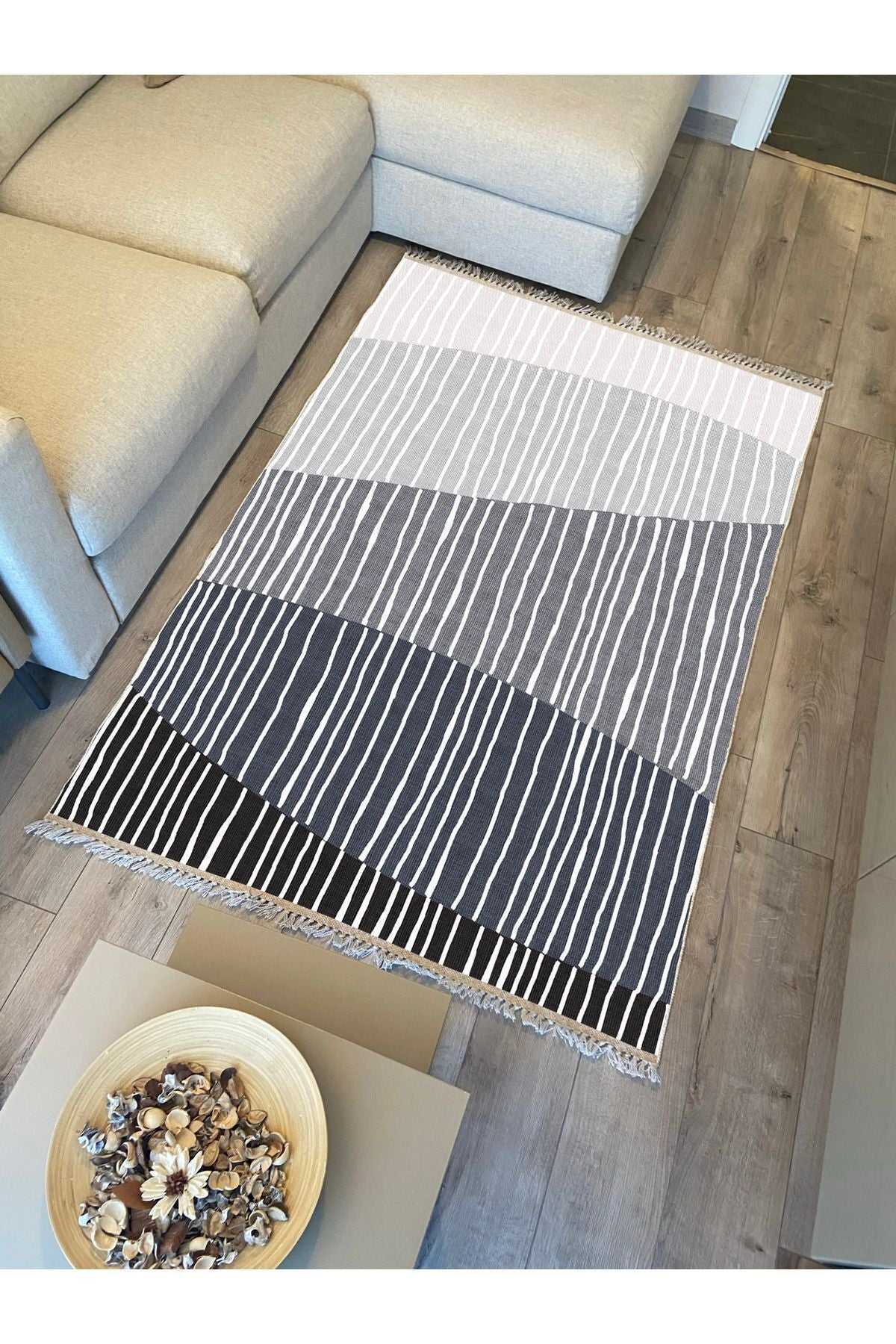 Cotton Kilim 47 Gri Zeminli Geneleksel Motifler Modern Dekoratif Yıkanabilen Dokuma Kilim