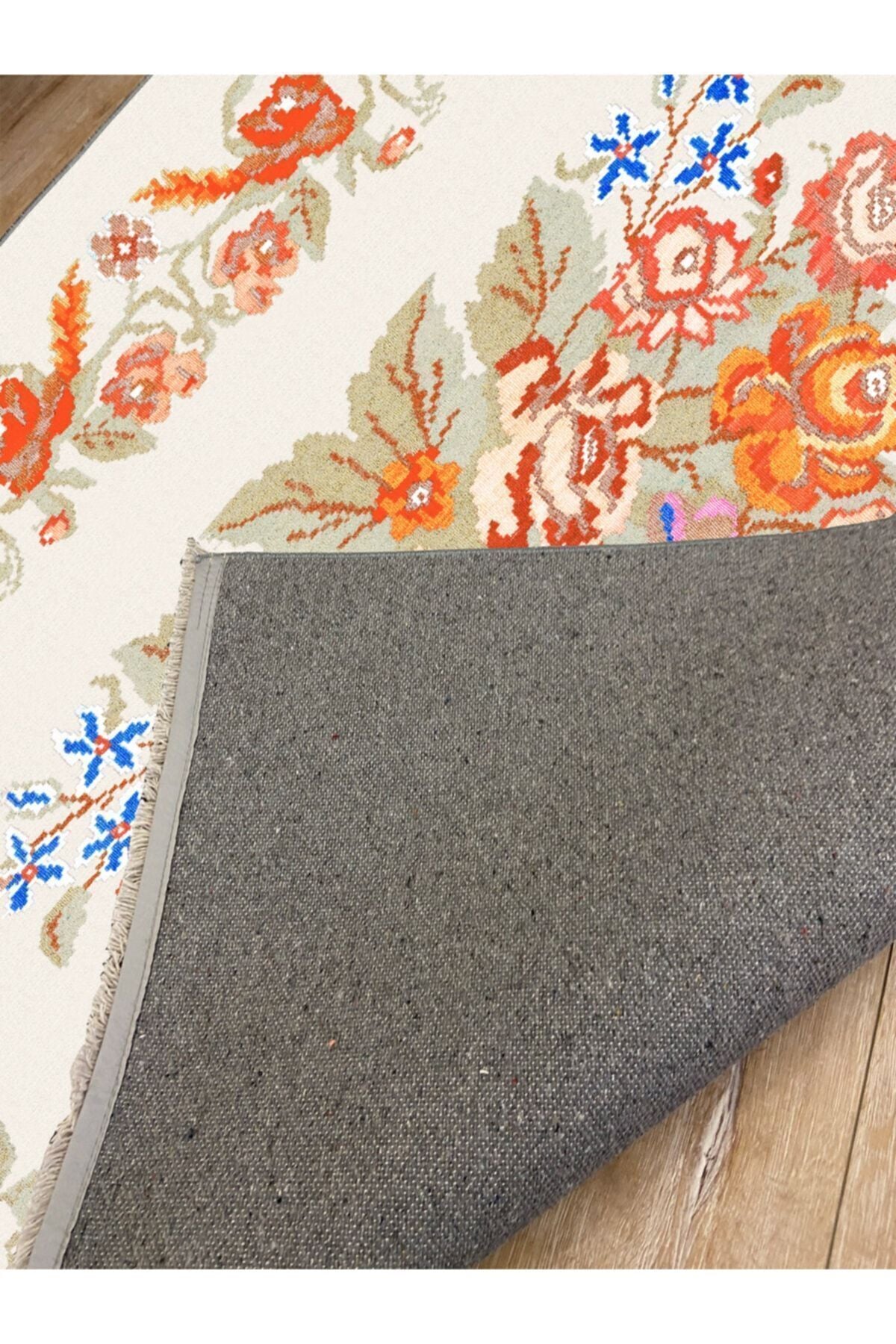 Halı Vagonu 2036 Multy Tonlarında Çiçekli Desen Kaymaz Taban Dekoratif Halı