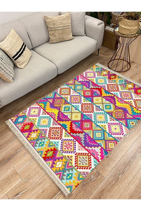 Cotton Serisi Multy Tonlarında Baklavalı Desen Dekoratif Dokuma Taban Kilim