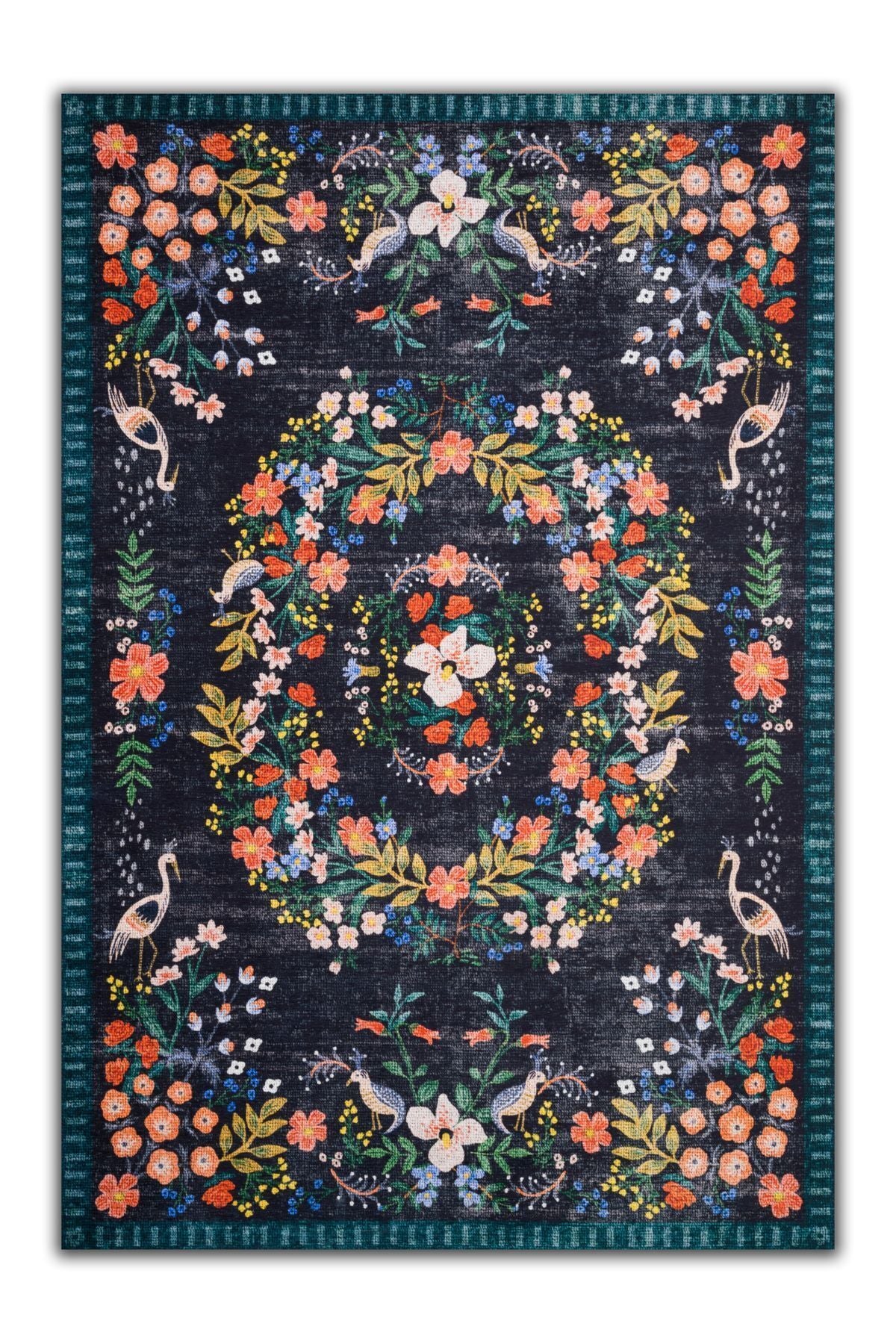 Halı Vagonu 2184 Lacivert Botanik Floral Çiçeksi Modern Ve Country Stil Dokuma Taban Halı