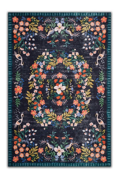 Halı Vagonu 2184 Lacivert Botanik Floral Çiçeksi Modern Ve Country Stil Dokuma Taban Halı