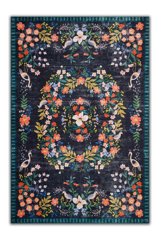 Halı Vagonu 2184 Lacivert Botanik Floral Çiçeksi Modern Ve Country Stil Dokuma Taban Halı