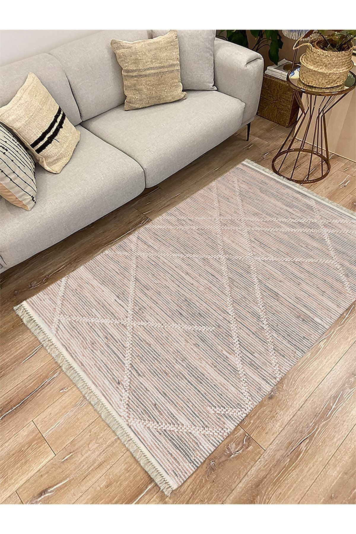 Cotton Serisi Gri Tonlarında Hasır Çizgileri Eskitme Desen Dekoratif Dokuma Taban Kilim