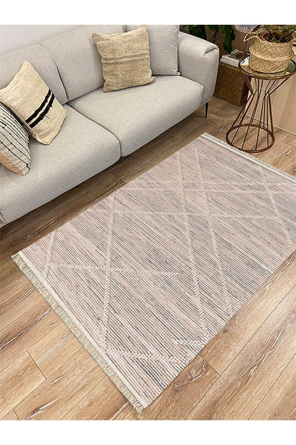 Cotton Serisi Gri Tonlarında Hasır Çizgileri Eskitme Desen Dekoratif Dokuma Taban Kilim
