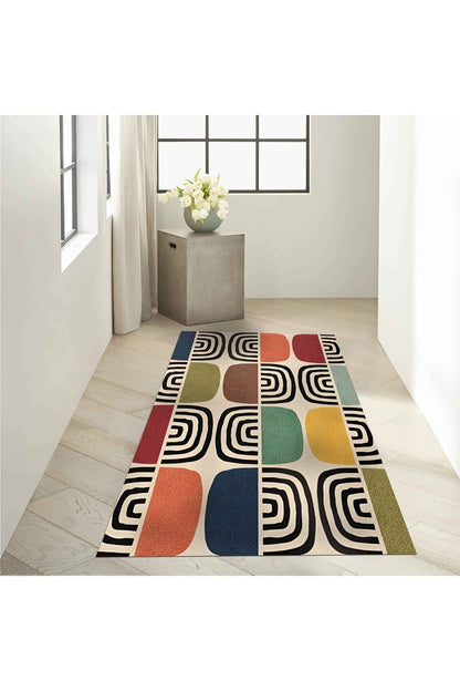 Halı Vagonu 141 Bej  Geometrik Modern Çok Renkli Modern  Dokuma Taban Halı