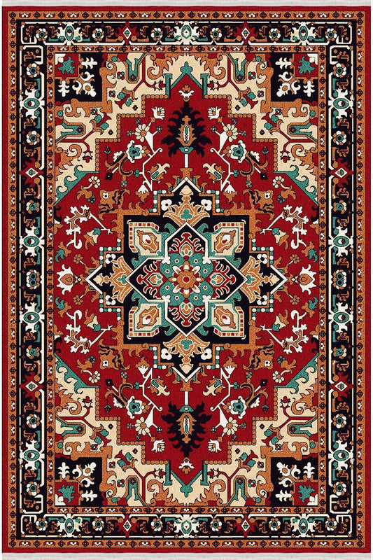 Halı Vagonu Serisi Kırmızı Ve Hardal Tonlarında Antika Otantik Eskitme Desen Kaymaz Taban Şönil Halı