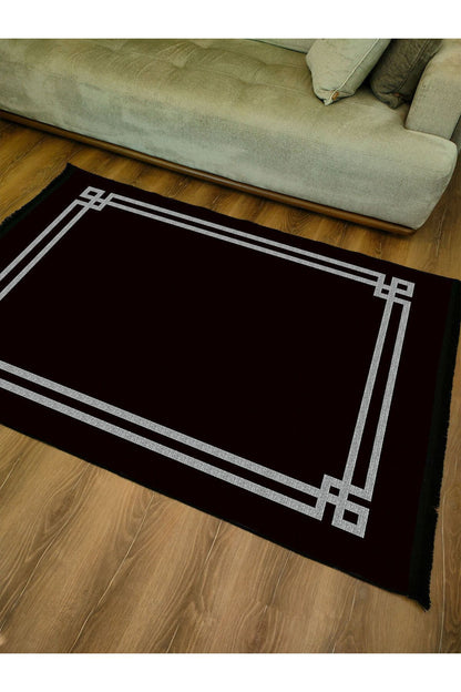 Halı Vagonu 2063 Siyah Çerçeveli Klasik Dekoratif Pamuk Dokuma Halı Modeli
