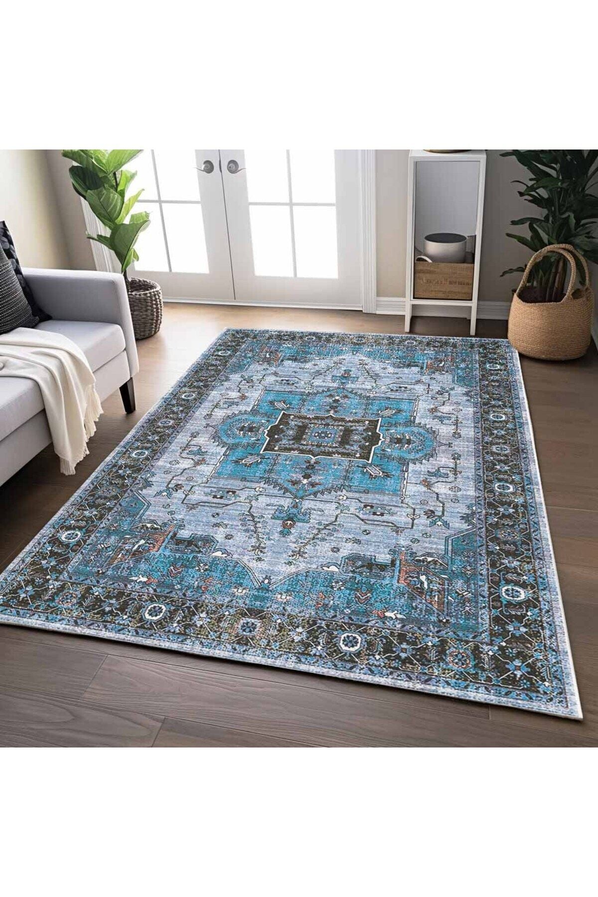 Halı Vagonu 2251 Mavi Bordürlü Modern Yıkanabilen Dokuma Taban Dekoratif Halı