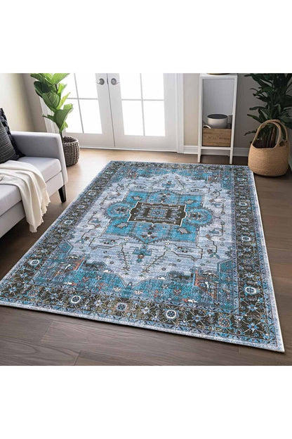 Halı Vagonu 2251 Mavi Bordürlü Modern Yıkanabilen Dokuma Taban Dekoratif Halı