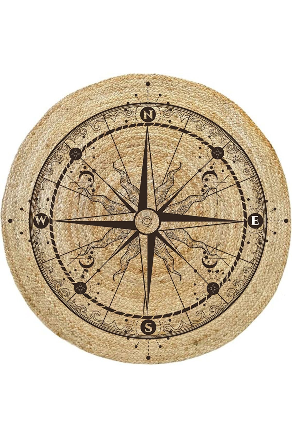 Boho 942 Pusula Tema Etnik Örgü Yuvarlak Natural Renk Çift Taraflı Halı