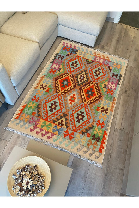 Cotton Kilim 84 Çok Renkli Etnik Boho Stil Pamuk Taban