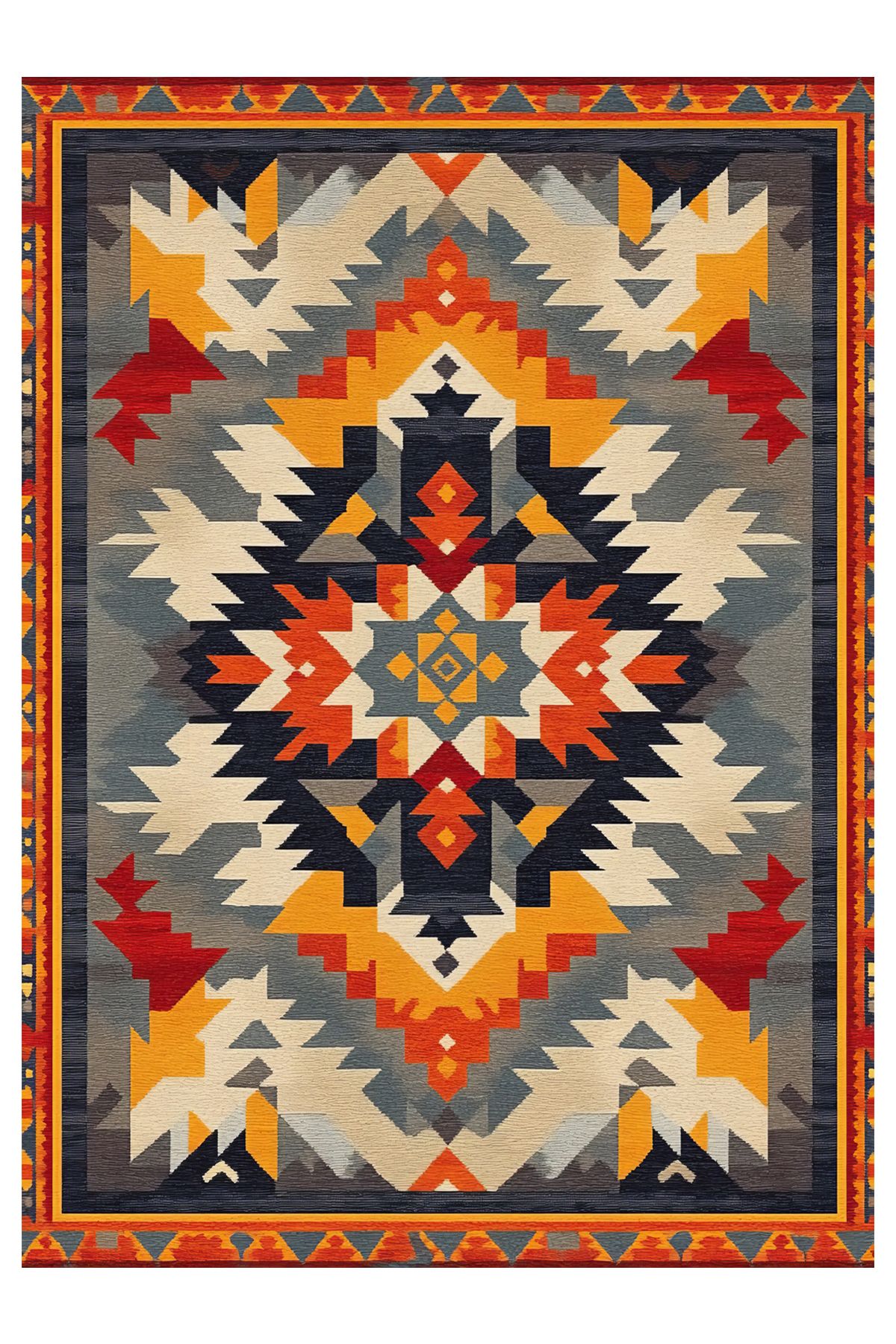 Halı Vagonu 204 Çok Renkli Gri Otantik Etnik Desen Kaymaz ve Dokuma Taban Dekoratif Halı