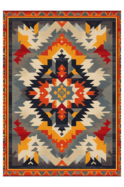 Halı Vagonu 204 Çok Renkli Gri Otantik Etnik Desen Kaymaz ve Dokuma Taban Dekoratif Halı