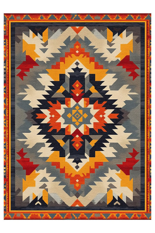 Halı Vagonu 204 Çok Renkli Gri Otantik Etnik Desen Kaymaz ve Dokuma Taban Dekoratif Halı