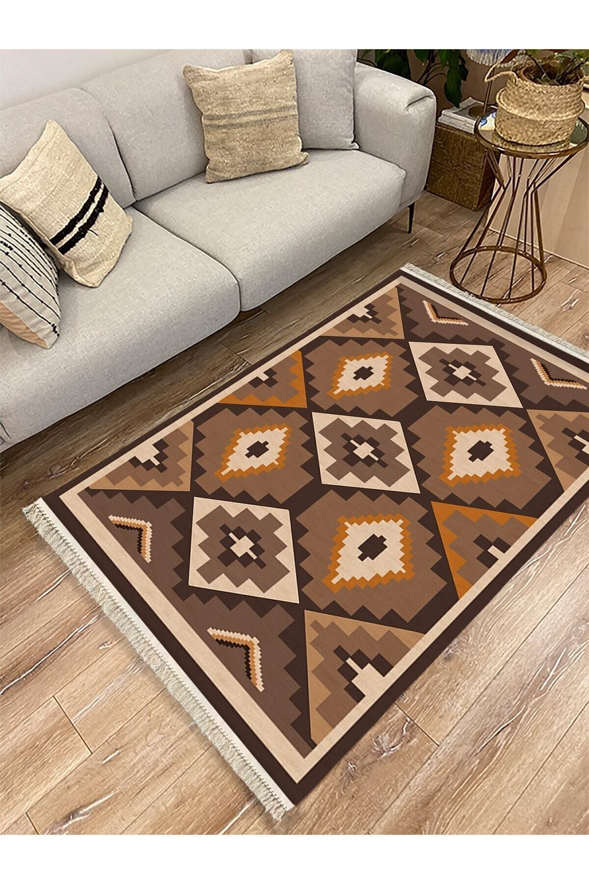 Cotton Serisi Siyah Ve Kahve Tonlarında Geometrik Eskitme Desenli Dekoratif Dokuma Taban Kilim