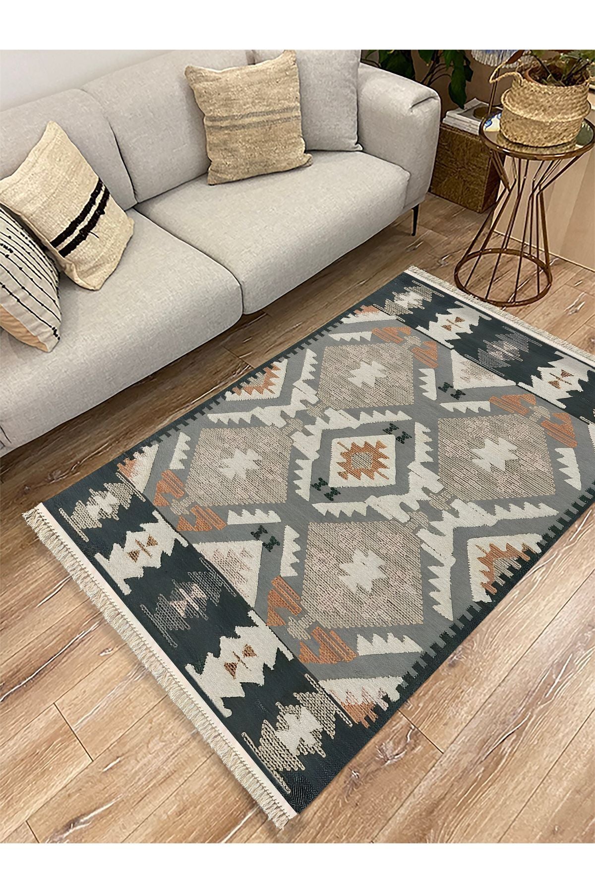 Cotton Kilim 16 Gri Zeminli Çizgili Desenli Dekoratif Yıkanabilen Dokuma Taban Kilim