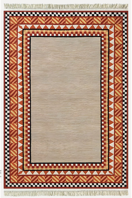 Cotton Kilim 20 Turuncu Zeminli Çizgili Desenli Dekoratif Yıkanabilen Dokuma Taban Kilim