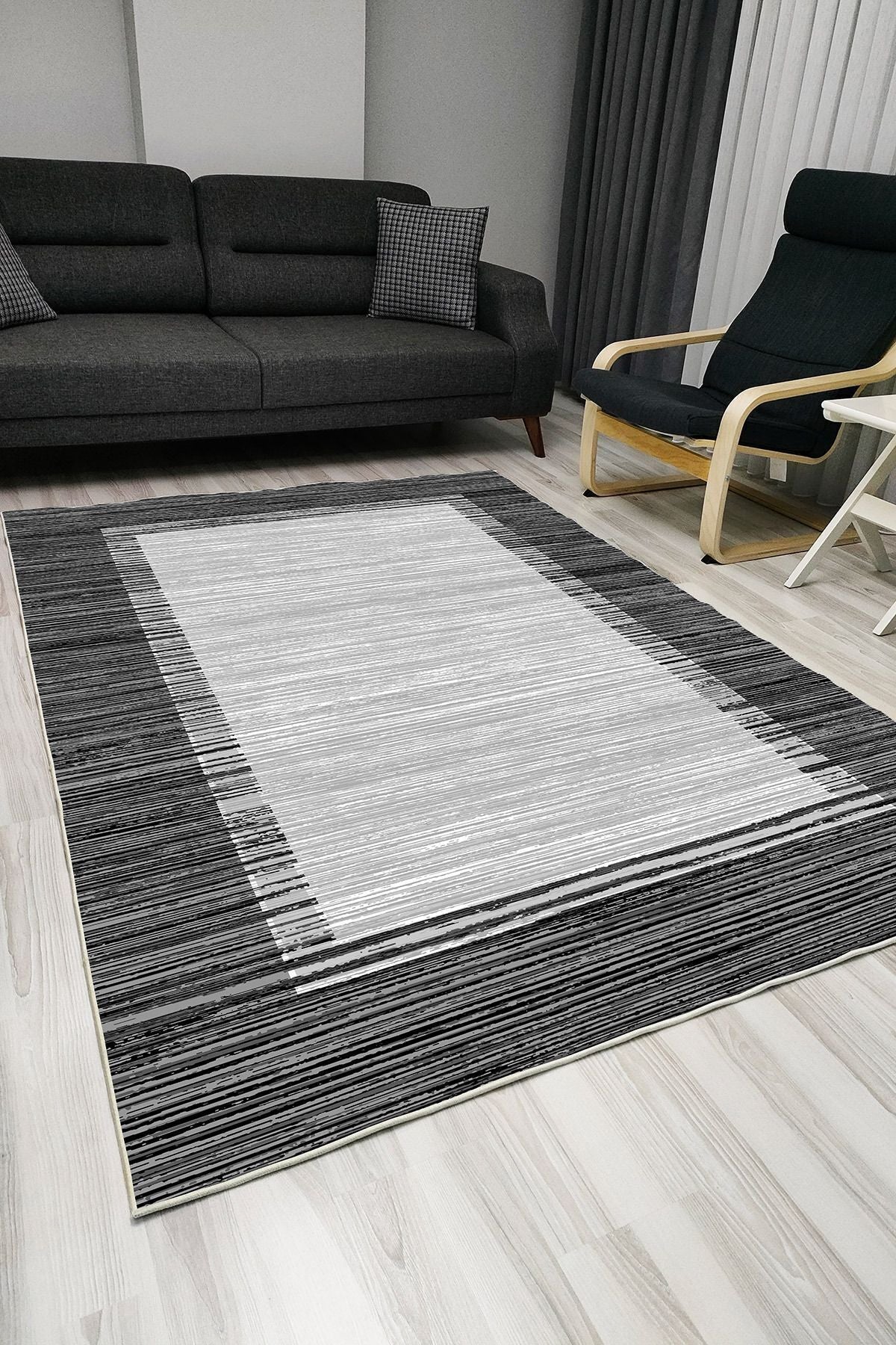 Halı Vagonu 1013 Siyah Bordürlü Desen Dekoratif Kaymaz Taban Halı