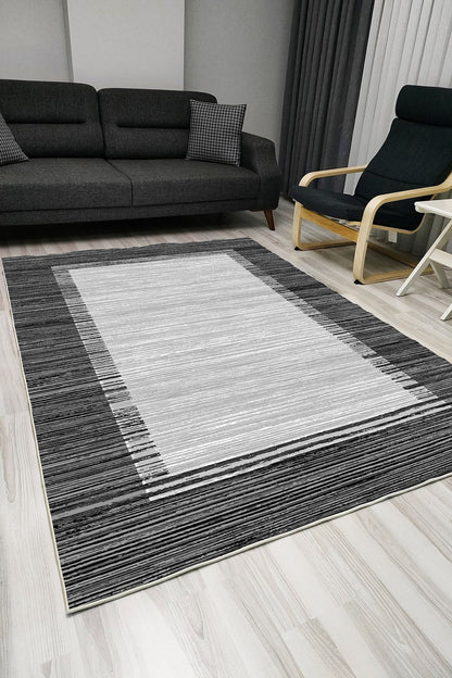 Halı Vagonu 1013 Siyah Bordürlü Desen Dekoratif Kaymaz Taban Halı