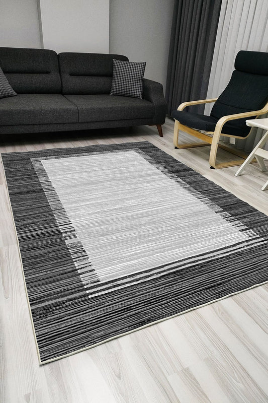 Halı Vagonu 1013 Siyah Bordürlü Desen Dekoratif Kaymaz Taban Halı